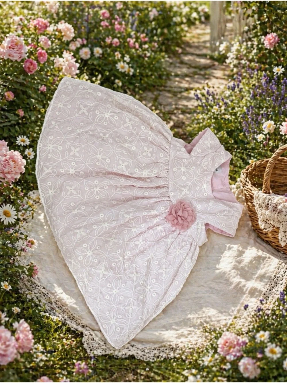 Pink Floral Embroidered Baby Dress with Flower Applique